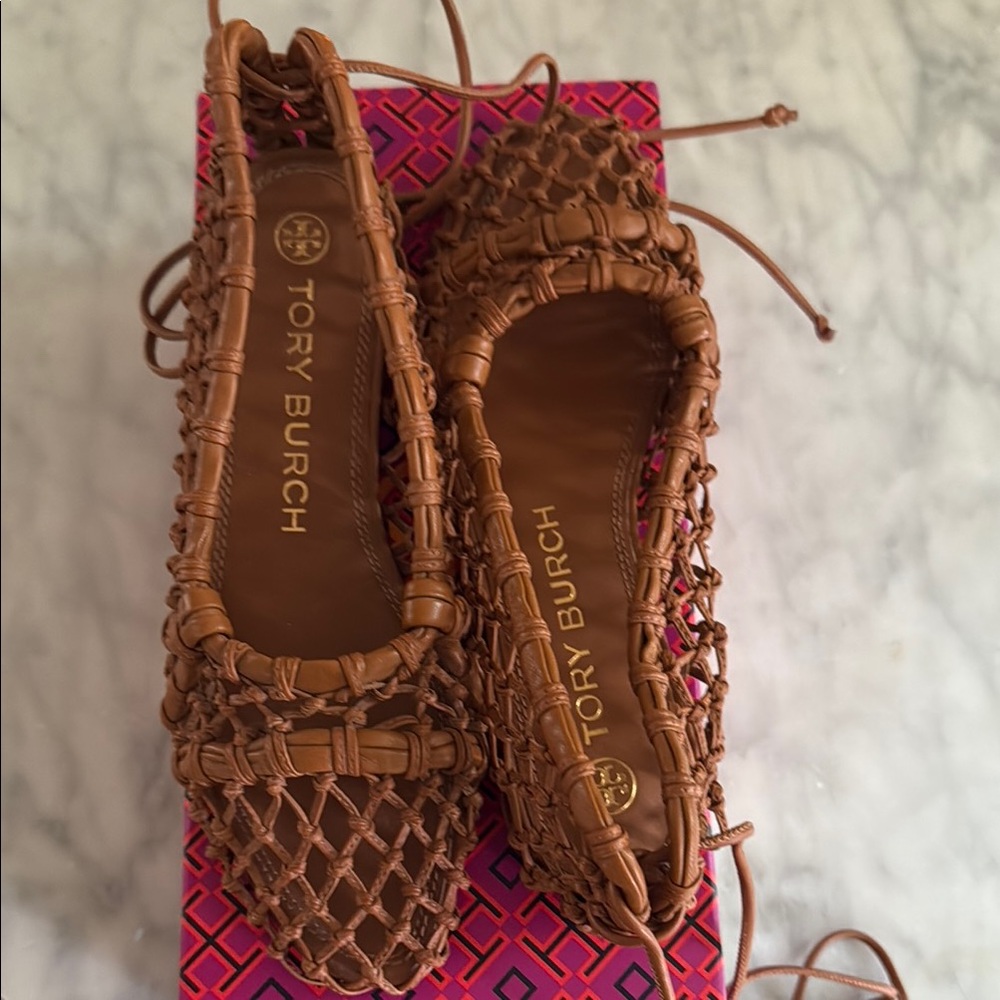 Tory Burch Brown Woven Leather Flats